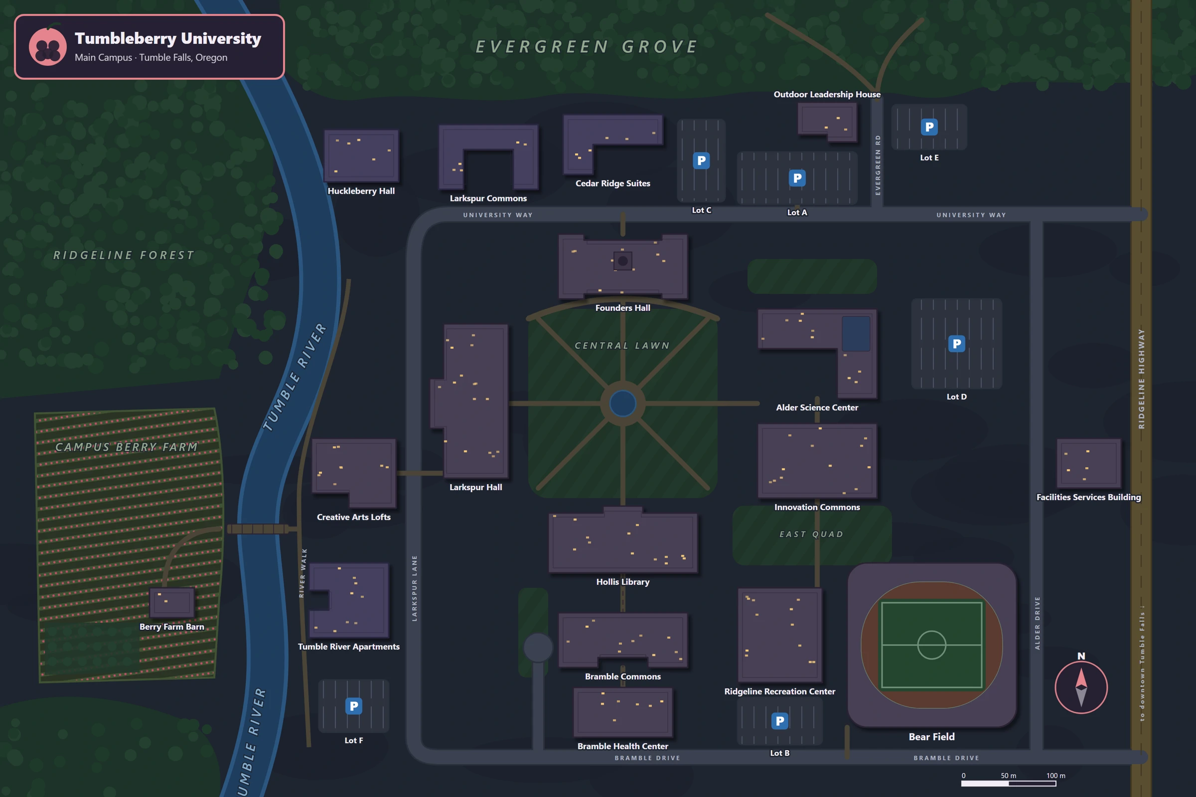 Tumbleberry Main Campus, after dark map showing lit walkways