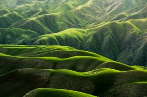 Rolling green hills under a wide sky near Tumble Falls
